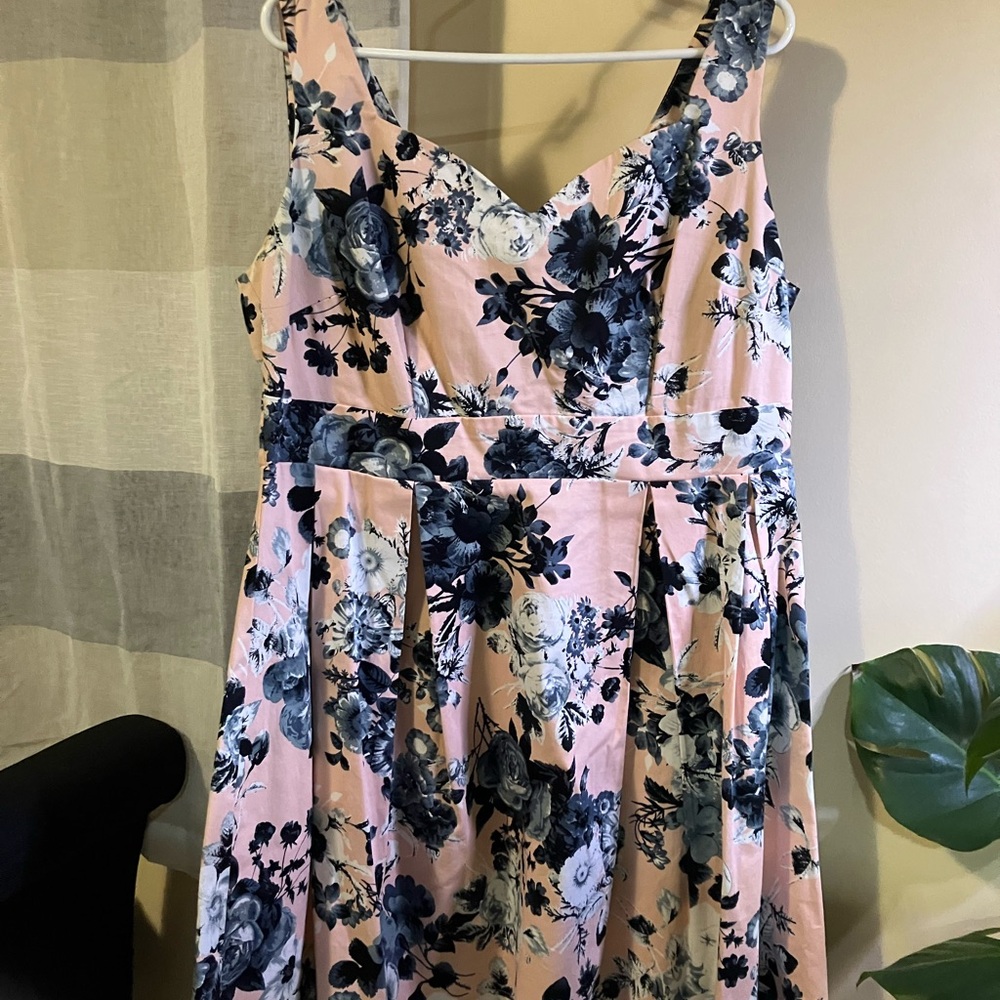 Peach Women’s Dress with Blue/Black Floral design.